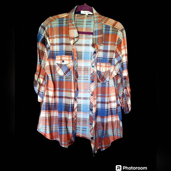 Orange plaid button up 3/4 sleeve - Picture 1 of 2